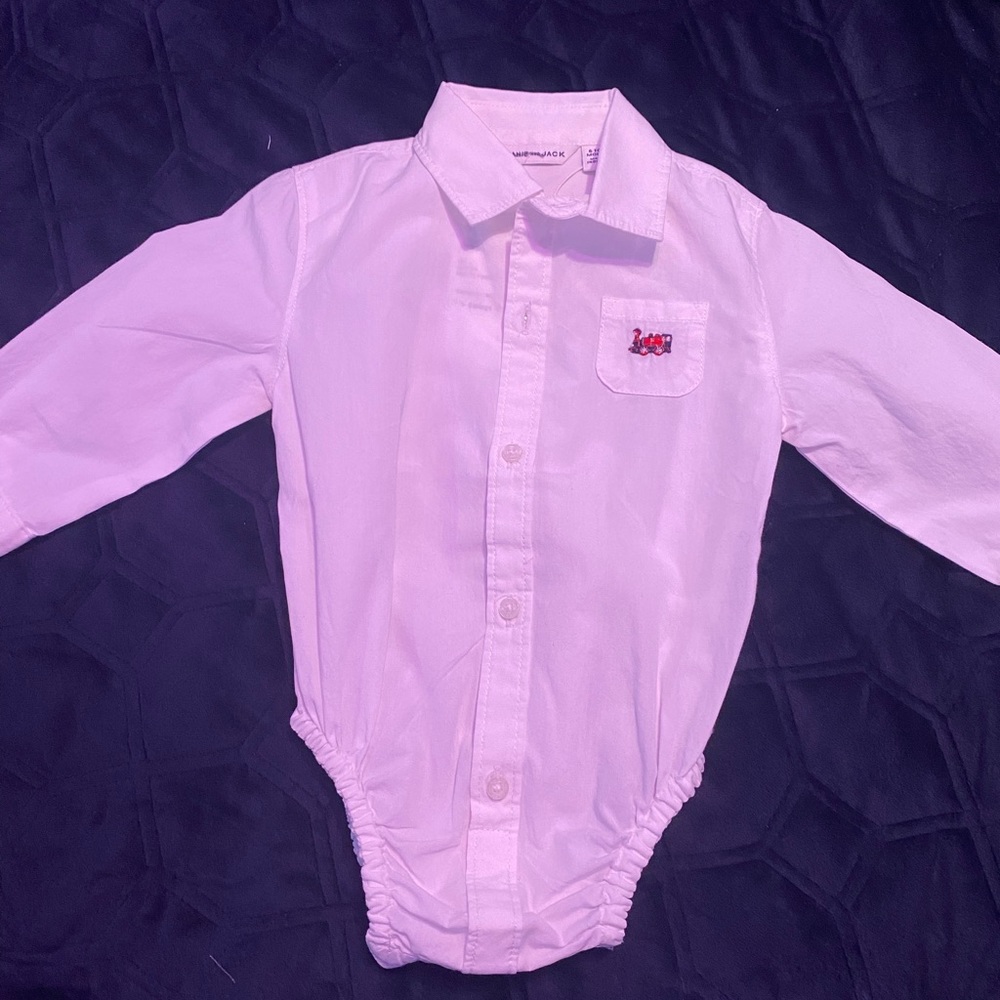 Janie and Jack 6 to 12 month White train onesie.